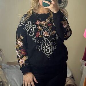 Johnny Was Black Sweatshirt with Vibrant Floral Embroidery